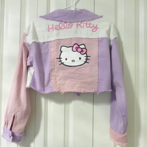 HELLO KITTY x SHEIN colour block pastel purple, pink and white denim jacket - Picture 9 of 13
